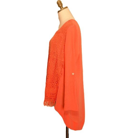 ALI MILES Tunic Top Women's Size L Orange Crochet with Fringe Hi Low - Picture 4 of 6